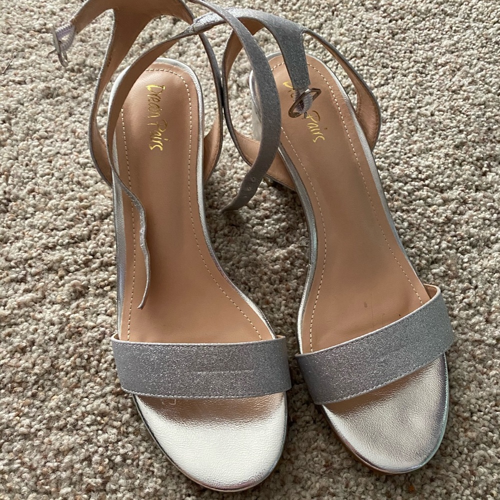 Silver chunky heeled sandals